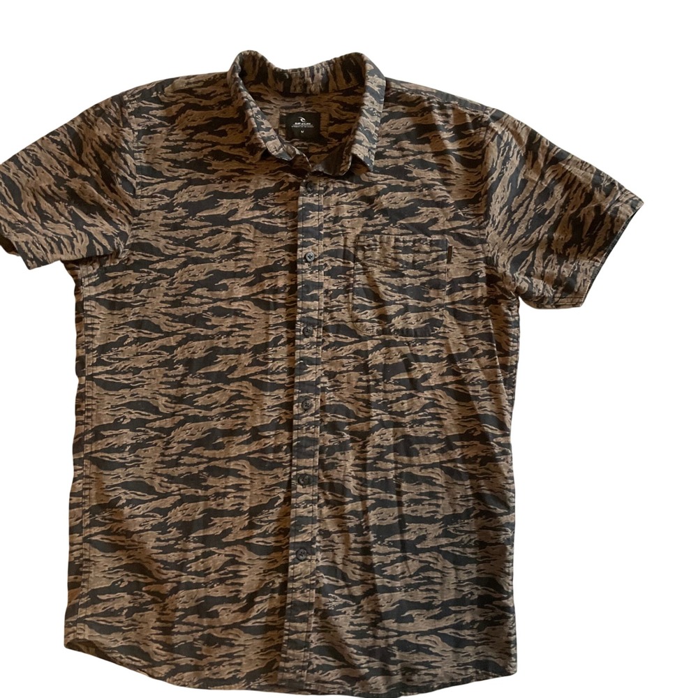Rip Curl Mens Button Down Shirt Medium Brown Black Tiger‎ Camo Short Sleeve